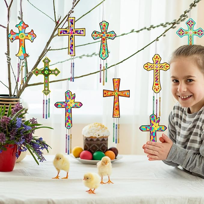 gisgfim 16 Pack Easter Cross Wind Chime Crafts Kits for Kids Make Your Own Sunday School Craft Religious Christian Crafts Wooden DIY Arts for Party School Classroom Decorations Supplies Birthday Favor