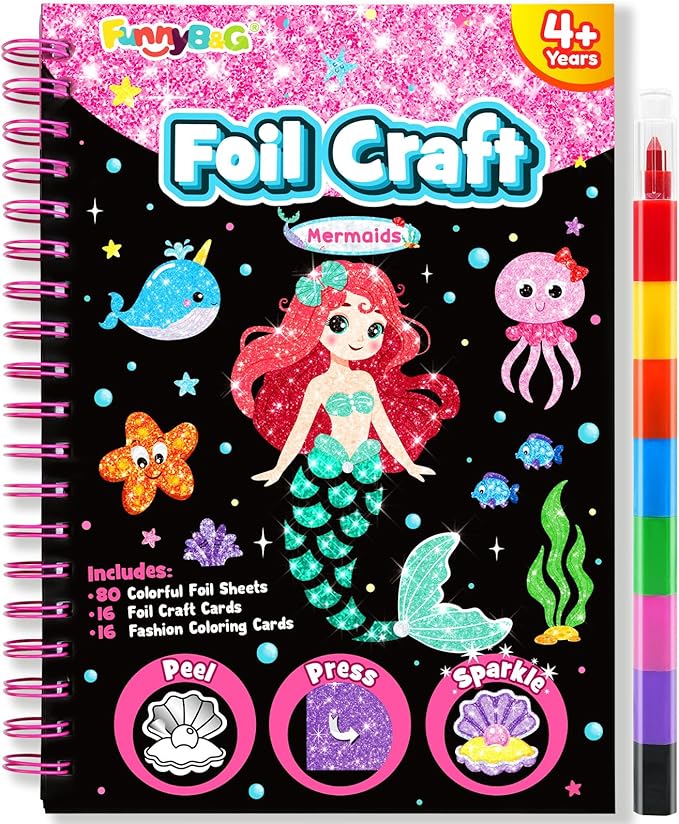 FUNNYB&G Foil Art Crafts for Kids Ages 4-8: Valentines Crafts for Kids 2026,Birthday Gift for Girls,Art and Crafts Supplies,Party Favors,Creative Toys for Girls Boys 4 5 6 7 8 9 Years Old(Mermaids)