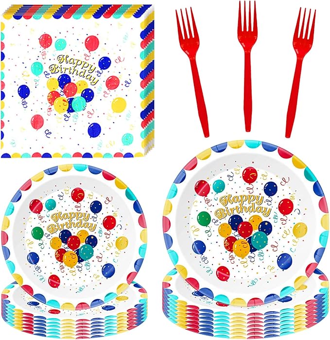 Birthday Party Supplies for 24 Guests – 96-Piece Disposable Party Tableware Set with Plates, Birthday Plates and Napkins, Forks, Colorful Balloons Party Supplies, Heavy Duty for Kids & Adults