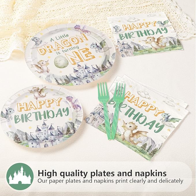 96Pcs Dragon Baby Shower Party Decorations A Little Dragon is Turning One Plates and Napkins Cartoon Dinosaur Theme Tableware Sets for Kids 1st Welcome Baby Birthday Party Supplies Serves 24