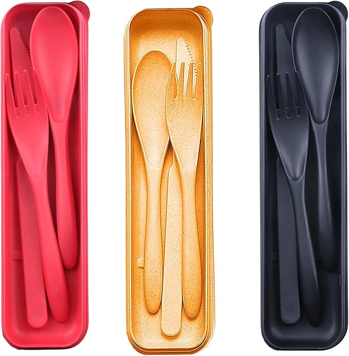 3 Sets Camping Utensils Set with Case, Wheat Straw Travel Cutlery Set, Portable Knife Fork Spoon for Lunch Box, Picnic, Work, Daily Use, Reusable BPA Free Tableware