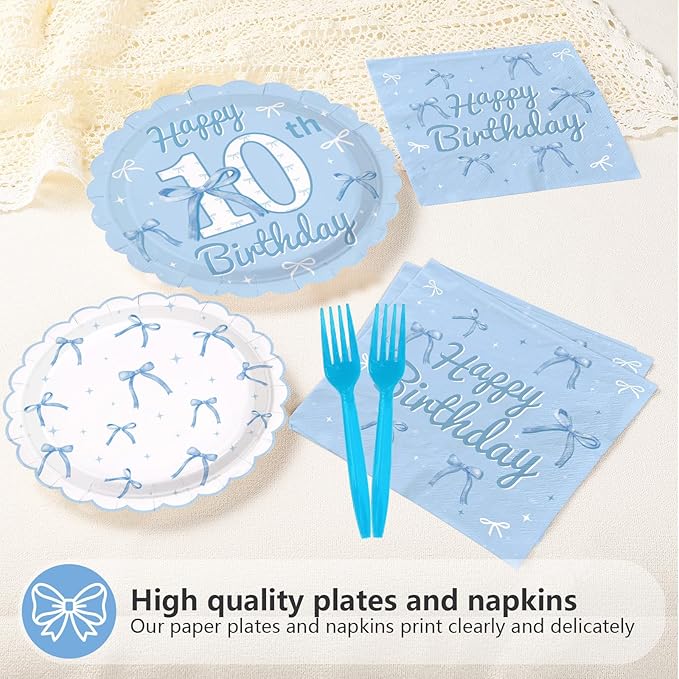 96Pcs Blue Bow 10th Birthday Party Decorations Blue White Happy 10th Birthday Scalloped Plates and Napkins Cute Bow Themed Tableware Set for Girls 10 Years Old Supplies Serves 24