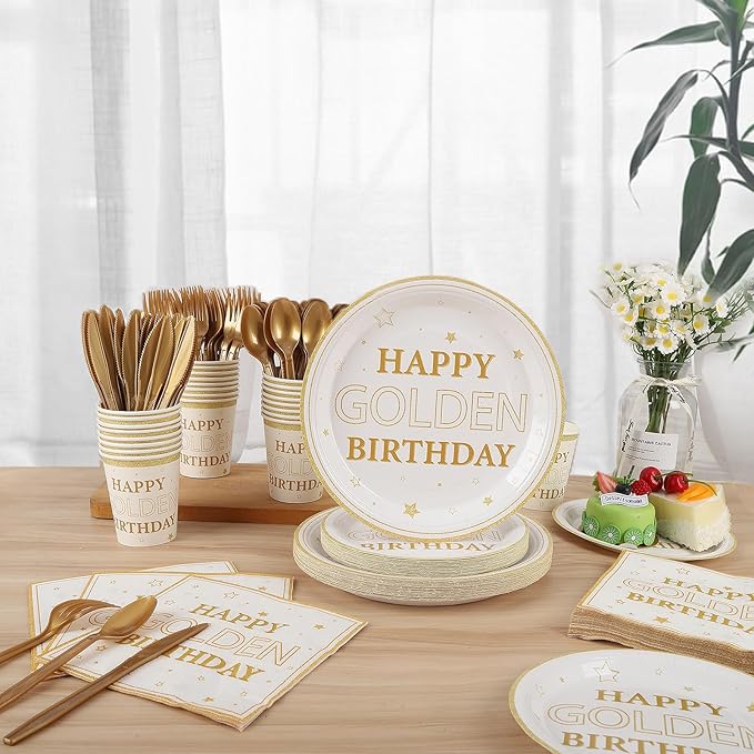 210pcs Golden Birthday Party Supplies,Gold Birthday Paper Plates Napkins Gold Glitter Dessert Party Tableware Set for Women Men Anniversary Wedding Party Decoration,Serve 30