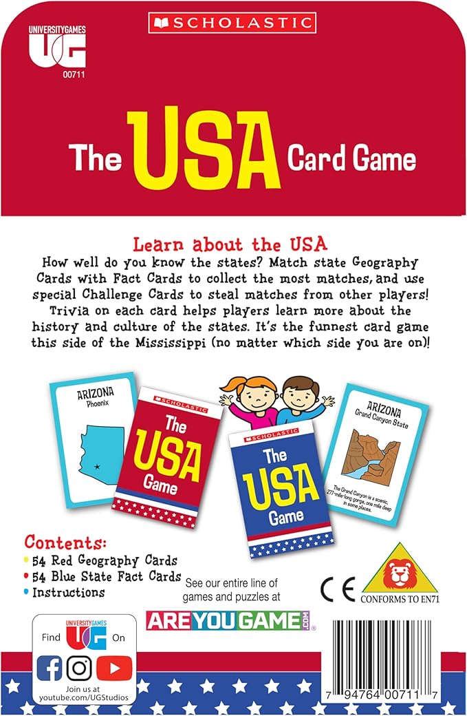 University Games, Scholastic USA Travel Card Game, Learn State Capitals and Historic Facts, Great Geography Challenge Card Game for Kids Ages 6 and Up