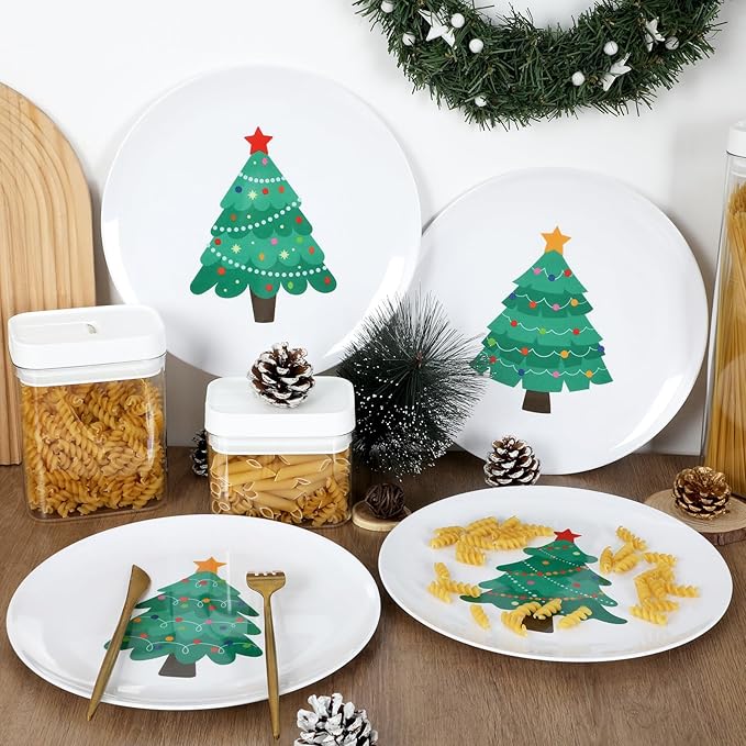 Naozinebi 4 Set 10 Inch Christmas Tree Plates Melamine Christmas Dinnerware Set Reusable Xmax Holiday Melamine Plate Dishwasher Creatively Drop Resistant Cute Plastic Dish