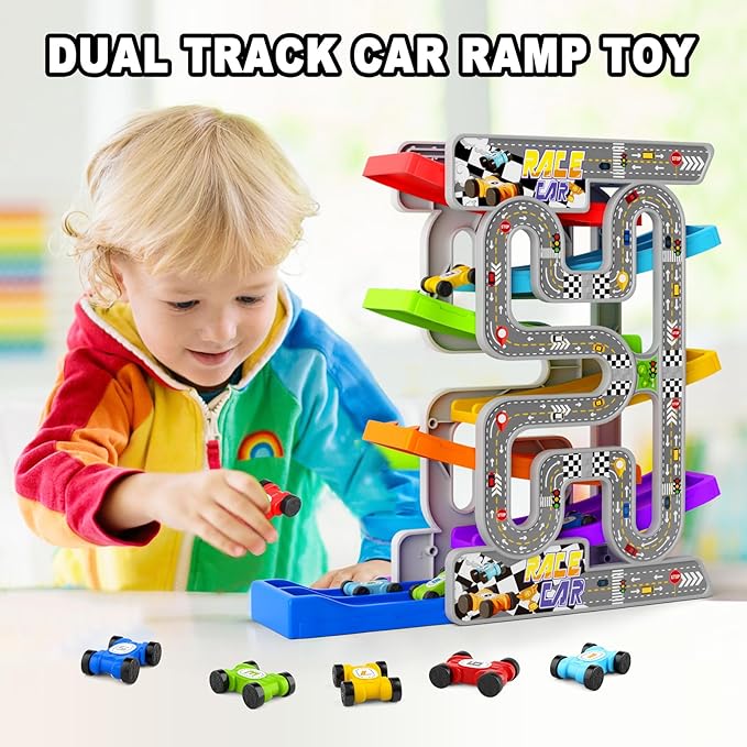 aotipol Toddler Toys for 2 3 Year Old Boy Girl, Double-Track Car Ramp Toy with Pull-Out Parking Lots & 10 Mini Cars, Montessori Toy Birthday Gifts for Toddlers Boys Girls Age 18+ Month Old, New Track