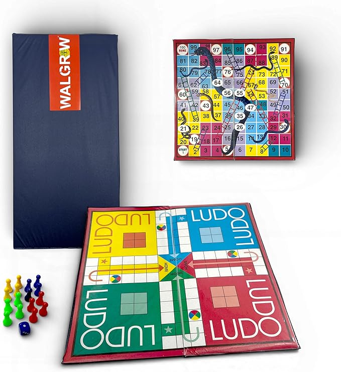 2-in-1 Ludo and Snakes & Ladders Foldable Board Game with Dice and Playing Pieces for Family Indoor Play