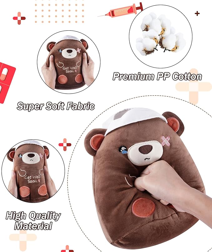 Get Well Soon Plush Bear - Teddy Bear Plush Toy with Injury Bandage, Kids' Pillow Cushion, Get Well Soon Gifts for Patient Kids, Dark Brown, 8 Inch