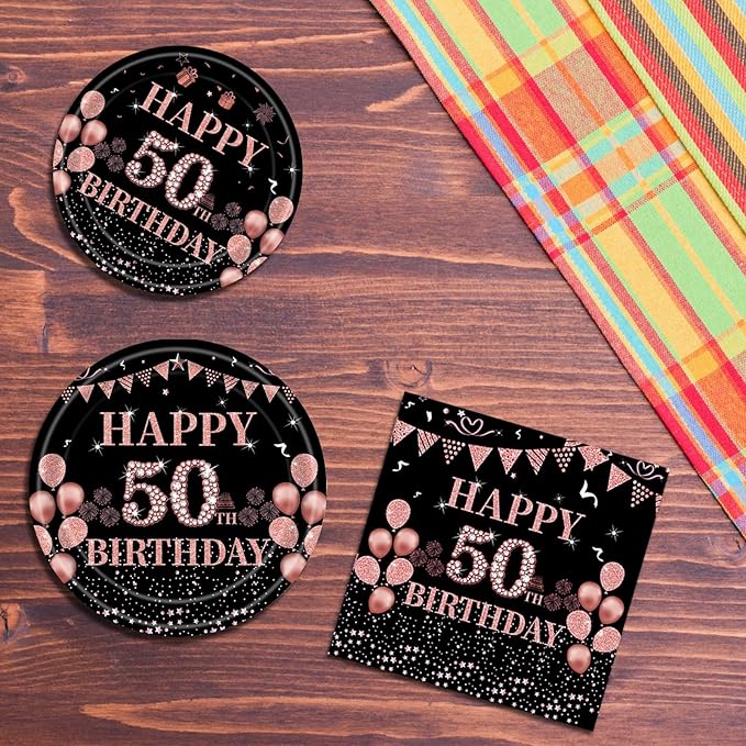 Ryzovo 62Pcs 50th Birthday, Vintage 50 Birthday Black and Rose Gold Disposable Paper Plates and Napkins Party Supplies for 20 Guests, Include 7'' Plates 9'' Plates Napkins and Tablecloth