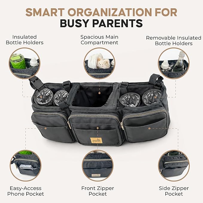 Double Stroller Organizer, Double Stroller Caddy Compatible with Bob Duallie, Baby Jogger City Mini GT2, Jeep - Universal Stroller Accessories with Cup Holders