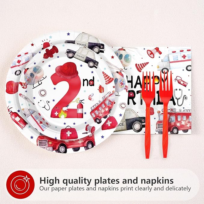 Grencian 96Pcs Two the Rescue Birthday Decorations Emergency Vehicle Theme Plates and Napkins Fire Truck Tableware Ambulance Dinnerware for Kid Emergency Vehicle 2 Years Old Birthday Party Decorations
