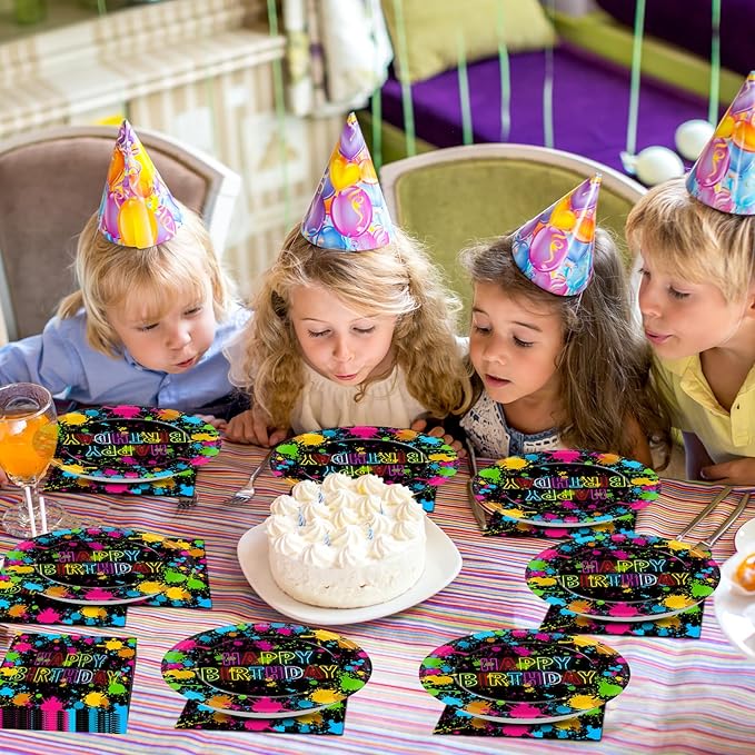 48Pcs Neon Glow in the Dark Paper Plates and Napkins Neon Birthday Party Decorations Paint Splatter Birthday Party Supplies Colorful Graffiti Disposable Tableware for Kids Baby Shower Serves 24