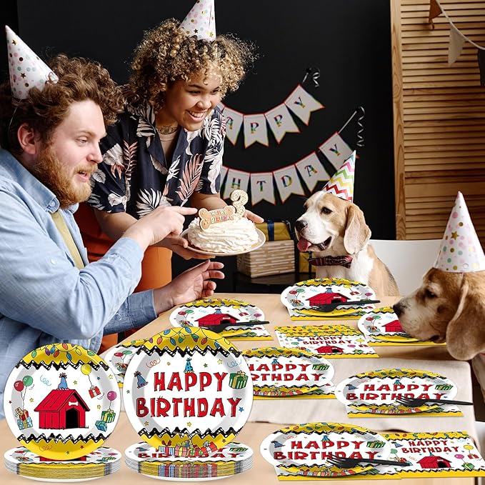 96 Pcs Red House Birthday Party Plates and Napkins Cartoon Dog Red House Decor Puppy Dog Theme Dessert Cake Plates Tableware Set for Kids Cartoon Birthday Baby Shower Party Favors Serve 24 Guests
