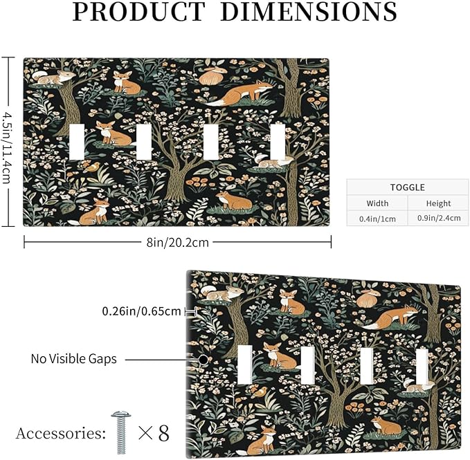 Light Switch Covers Fairy Forest Animals Fox Squirrel Flower Quad Toggle Electrical Faceplate 4 Gang Wall Plate Decorative Switch Plates For Bed Room Farmhouse Decor