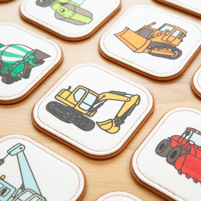 Felt Construction Matching Game for Toddlers – Truck Memory Game & Flash Cards – Soft and Safe for Ages 1+ – Montessori Preschool Learning Activity – Educational Construction Toy for Boys & Girls
