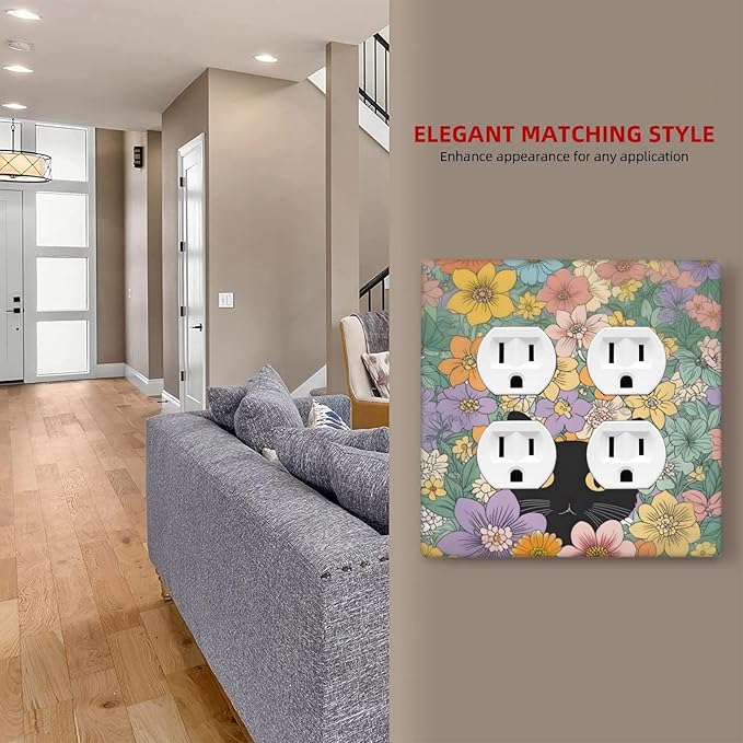 Outlet Covers Funny Cute Cartoon Cat Floral Colorful Flower 2 Gang Double Duplex Decorative Light Switch Covers Electrical Wallplates Socket Faceplate For Kids Room Nursery Decor