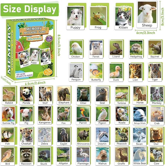gisgfim 100 PCS Memory Matching Game Animal Babies Concentration Memory Card Educational Game for Kids Adults A Fun & Fast Baby Animals Game Toddlers Preschool Family Board Gift Matching Games