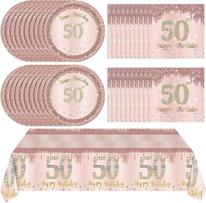 Ryzovo 41Pcs 50th Birthday Decorations, Rose Gold Birthday Party Supplies Include 20Pcs Plates 20Pcs Napkins and 1Piece Tablecloth, Sweet Fifty Year Old Birth Party Tableware for Girl Ladies Women