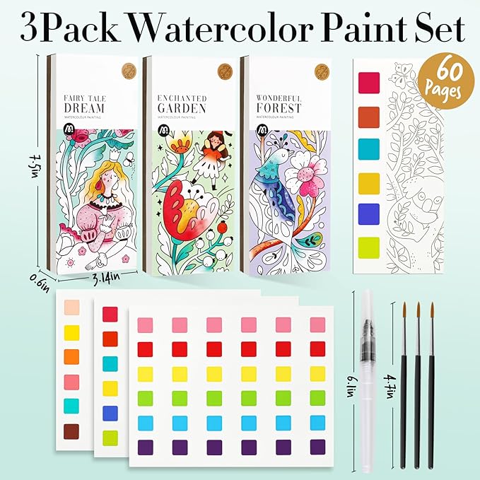 JCREN Watercolor Painting Books, Pocket Watercolor Painting Coloring Kit, Paint with Water Bookmarks Travel Activity Party Favors for Kids Toddlers Gifts for Boys and Girls, 3 Pack