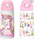 Girls Insulated Water Bottle with Covered Pop-Up Straw,16 oz Kids Cups with Stainless Steel Leak Proof for School（2 pack,Unicorn+Princess）