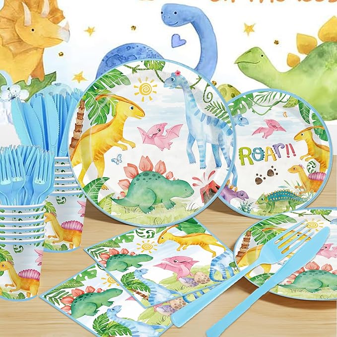 Dinosaur Birthday Party Supplies - 350PCS Dinosaur Themes Party Tableware Set, Bithday Disposable Paper Plates Cups and Napkins For Boys Kids Birthday Baby Shower Decorations, Serve 50