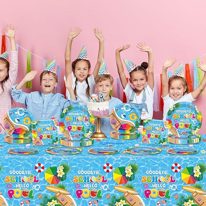 Goodbye School Hello Pool Tableware Set for Kids Class End of Schools Year Theme Supplies Summer School's Out Plates Napkins Tablecloths Serves 24 Guests Graduation Preschool Party Favors