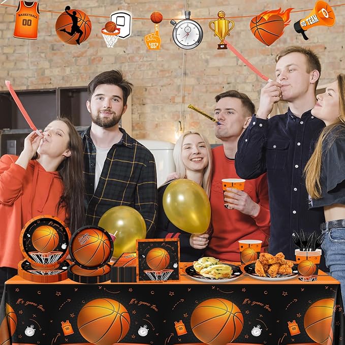 CMUSKO Basketball Party Supplies, 142Pcs Basketball Sports Theme Birthday Party Supplies Tableware Set,Include Basketball Plates and Napkins,Cups,Banner,Tablecloth for Basketball Birthday Decorations