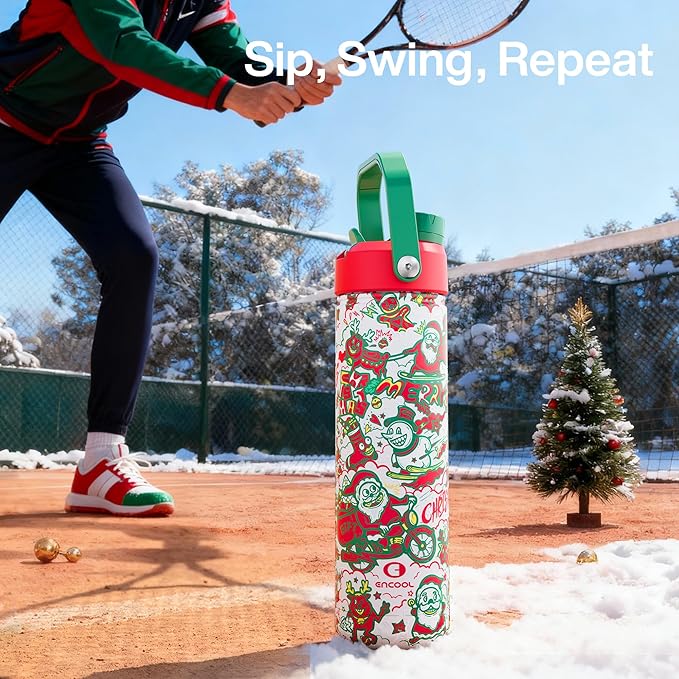ENCOOL Christmas Insulated Water Bottle with Straw, Stainless Steel Water Bottle, Leak Proof BPA-Free, Keeps Cold for 24 Hours for Sports, Christmas Holiday Gifts for Women, 26 oz, Santa Rider