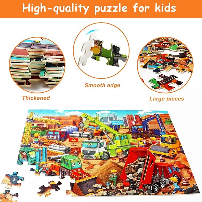 100 Pieces Puzzles for Kids Ages 6-8 8-10 Year Old Toddler Jigsaw Puzzle for Ages 4-6 Construction Engineering Vehicle Puzzles Educational Toys Gift for Children Boys Girls Ages 4-10
