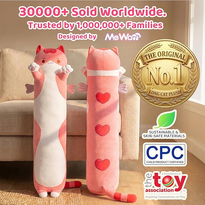 Mewaii Long Cat Plush 5 Sizes, 120% Extra Filling Giant Plushness Kids Body Pillow, Kawaii Cute Pink Cat Stuffed Animals Plushies, Big Long Body Pillow Cat Plush Gift for Girls 28”