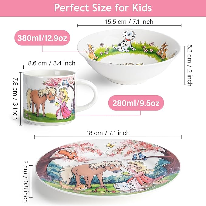 MIAMIO – Set of 3 Kids Dinnerware Set/Porcelain Children Dishes, Kids Dish Set, Children’s Tableware Set - Includes Plate, Bowl and Cup – For Kids and Toddler (Princess)