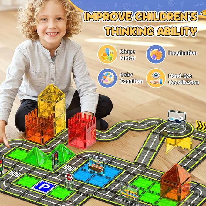 HarworLife Magnetic Tiles Road Set, Magnetic Building Blocks for Kids Ages 3+Year Old, Montessori Educational Magnet Toys for Toddler Kids, STEM Creative Toy for Christmas Birthday Gifts