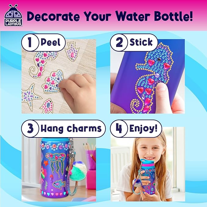 PURPLE LADYBUG Decorate Your Own Water Bottle for Girls - Mermaid Gifts for Girl Age 6-8, Gifts for Girls 5 6 7 8 9 10 Year Old Birthday, Summer Gift for Kids Crafts for Girl Ages 6-8