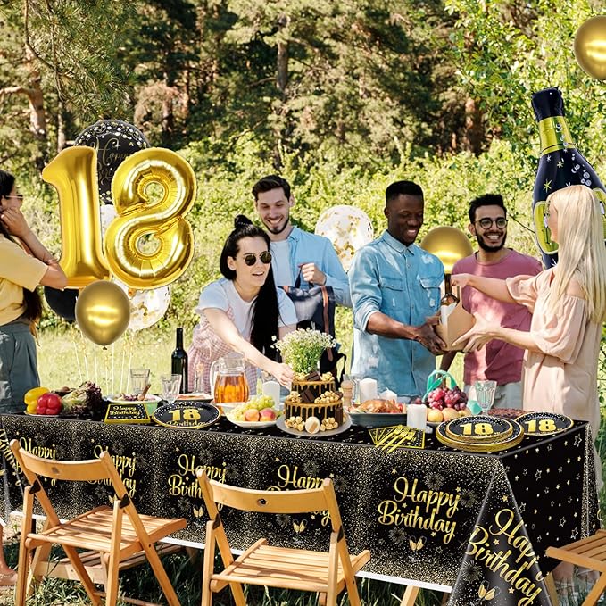 18th Birthday Decorations for Boys Girls - 81 Pcs Plates Napkins 18th Tablecloth Forks Set Black and Gold Party Decorations Serve 20