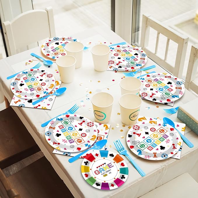 96 Pcs Family Game Night Party Plates Napkins Tableware Set Gaming Supplies Disposable Dinnerware Video Game Decoration Favors for Kids, 24 Guests