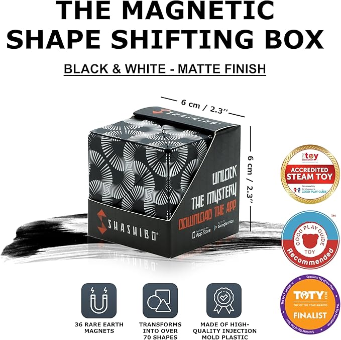 Shashibo Shape Shifting Box - Award-Winning STEM Fidget Toy with Ultra Strong Magnets - Puzzle Cube Transforms Into 100+ Shapes, Perfect Sensory Gift for Kids, Teens, and Adults (Black & White)