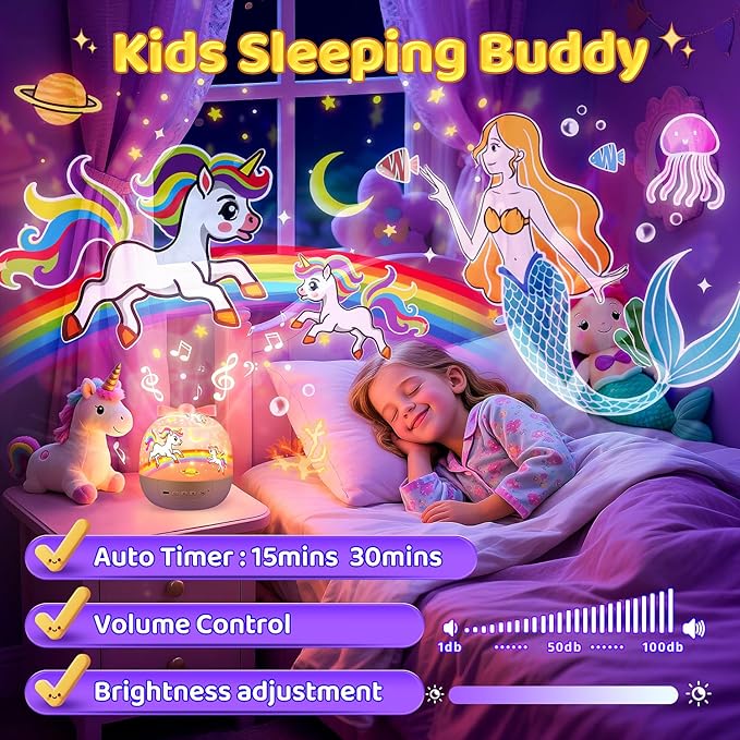 Pikoy Unicorn Toys for Girls Gifts, 15 Films+15 Lullaby Sound Machine for Kids Night Light Projector, Remote+Rechargeable Night Light for Kids Gifts, 360 °Rotation Princess Mermaid Toddler Girl Toys