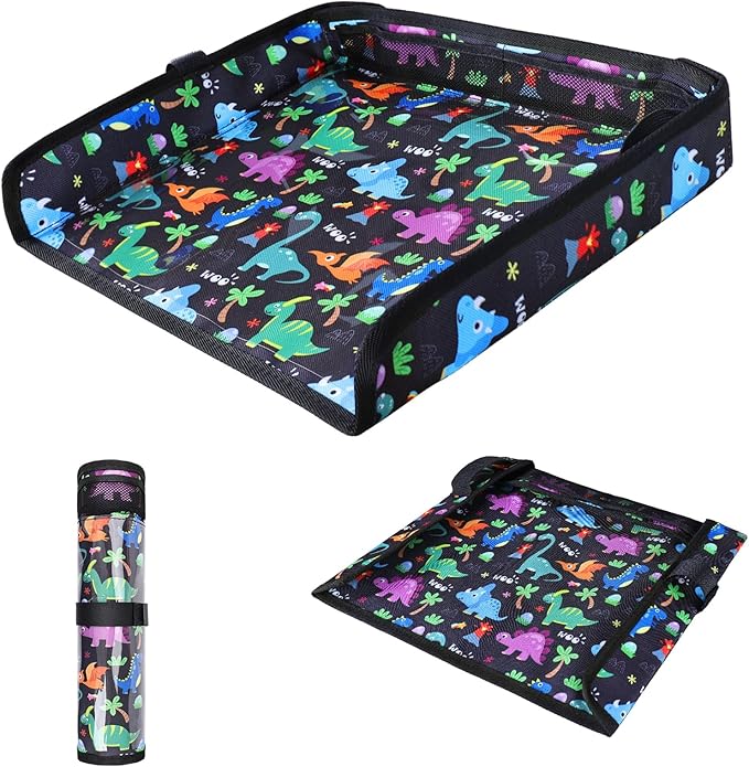 COOLBEBE Airplane Tray Table Cover Foldable Travel Tray Cover for Toddlers 1-3 Universal Fit for Airplane, Car Seat, High Chair Machine Washable, Portable Black Dinosaur