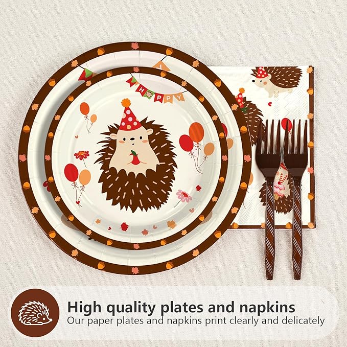 96Pcs Hedgehog Birthday Party Supplies Forest Hedgehogs Woodland Plates and Napkins Cartoon Forest Animal Themed Tableware Set for Kids Boys Girls Birthday Party Supplies，Serves 24
