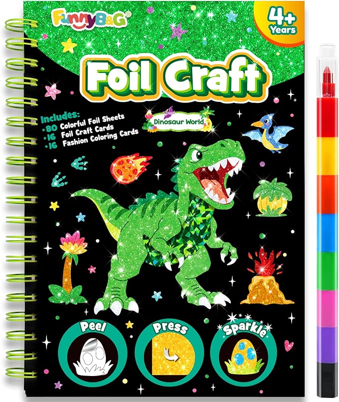 FUNNYB&G Foil Art Crafts for Kids Ages 4-8: Mother's Day 2026, Birthday Gift for Boys, Art and Crafts Supplies, Party Favors, Creative Toys for Boys 4 5 6 7 8 9 Years Old (Dinosaur World)