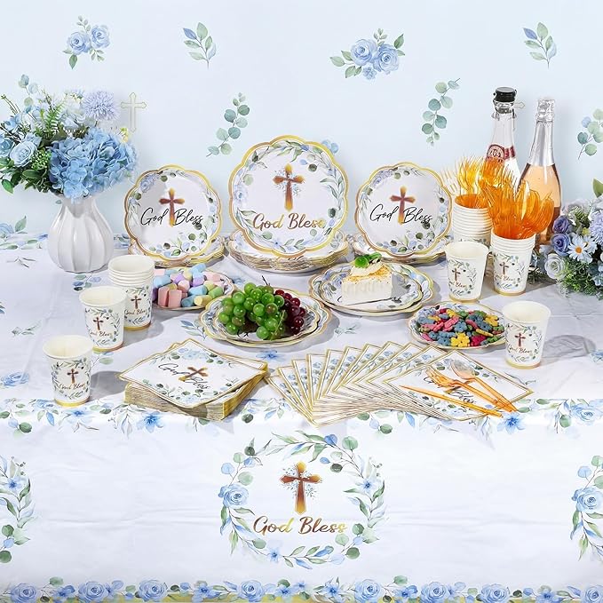 Pickmesh 194 Pcs God Bless Baptism Party Decoration Boy for 24, Blue Floral Baptism Confirmation Paper Plate Napkin Cup Tablecloth Cutlery for First Holy Communion Christening Baby Shower Supplies