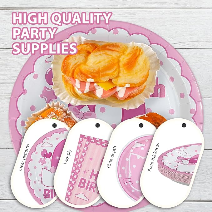 96 Pcs Pink Kitten 6th Birthday Decorations Pink Cat Plates and Napkins Disposable Tableware Set Cute Cartoon 6th Birthday Decoration for 6 Years Old Girl Cat Theme Birthdays Party Supplies Serves 24