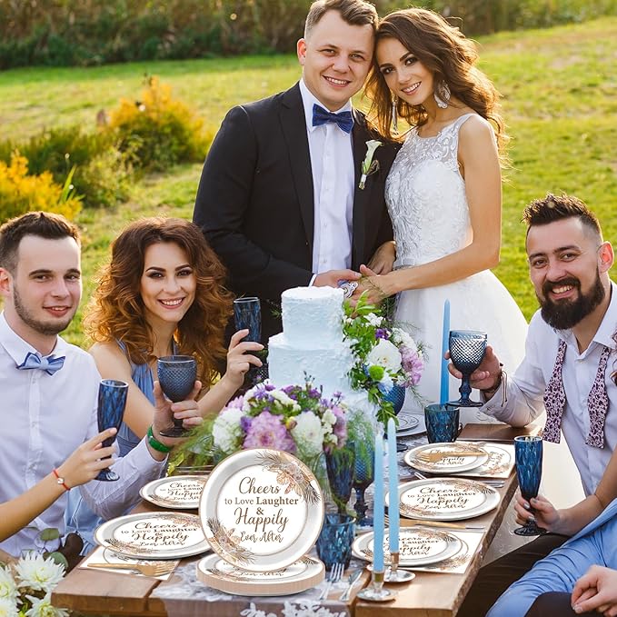 96Pcs Boho Bridal Shower Party Plates and Napkins for Bride Wedding Supplies Happily Ever After Themed Paper Dessert Plates Cheers to Love Tableware Set for 24 Guests Engagement Decorations