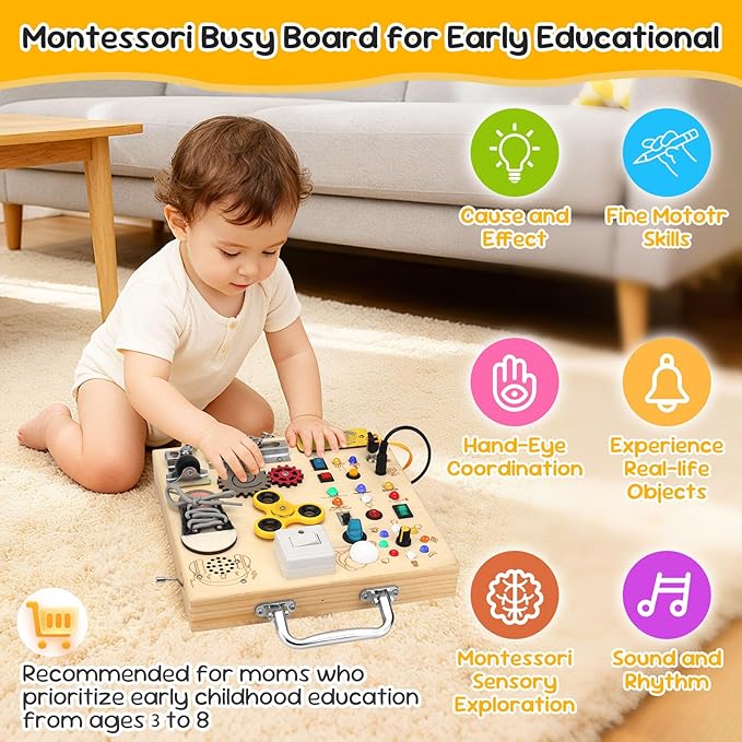 Wooden Busy Board with LED Light Montessori Baby Learning Toys for Toddlers , Sensory Activity Board, Travel Educational Toys, Boy & Girl Birthday Gift (Silver Handle)