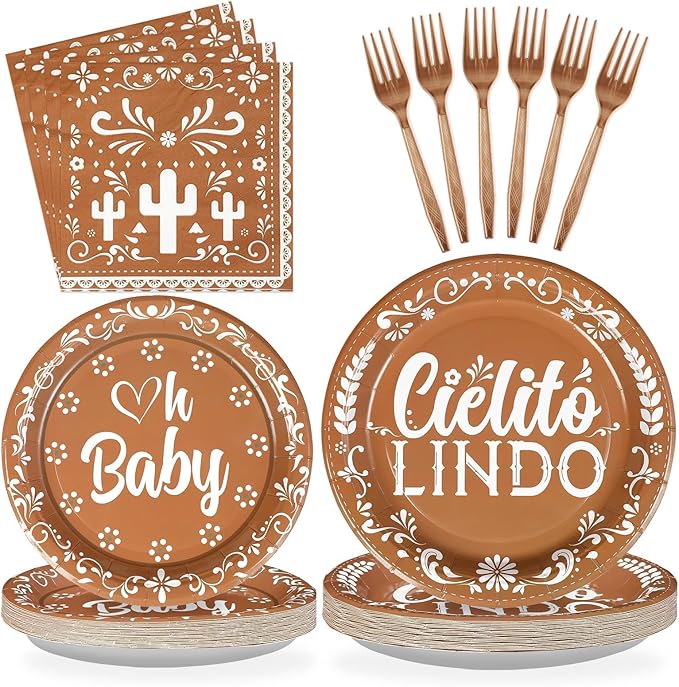 Grencian 96 Pcs Cielito Lindo Baby Shower Decorations Brown Mexican Theme Plates and Napkins Tableware Sets Cielito Lindo Decorations for Cinco de Mayo Boys Girls Baby Shower Party Serves 24
