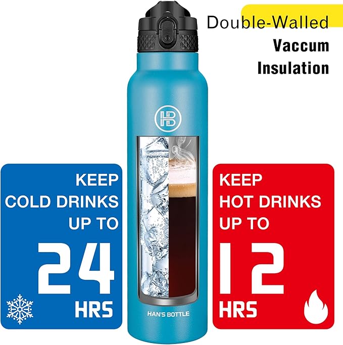Han's Bottle Sports Water Bottle - 32 Oz, Straw Lid, Leak Proof, Vacuum Insulated Stainless Steel, Double Walled, Thermo Mug,Ocean