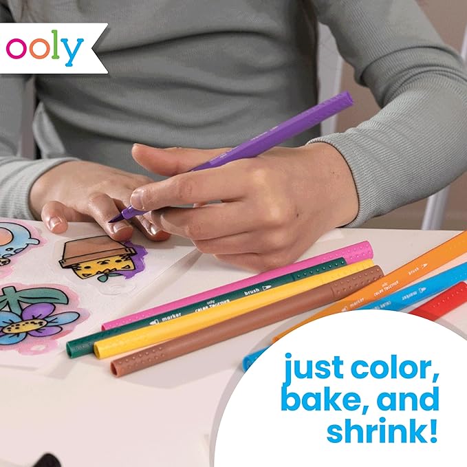 Ooly 73 PC DIY Shrinking Art Kit with 8 Paint Markers, Includes 48 Plastic Pre Cut Charms, 15 Colored Ball Chains and 2 Colored Cords, No Mess Creative Activity Jewelry Making Kit