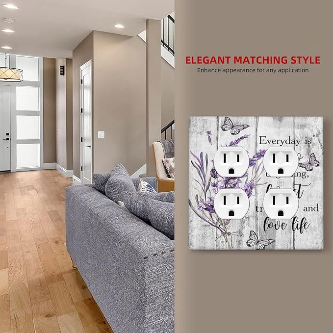 Decorative Outlet Covers Lavender Flower Purple Floral Butterfly on Plank Inspirational quotation 2 Gang Wall Plate Double Duplex Light Switch Cover Switch Plate Covers Faceplate