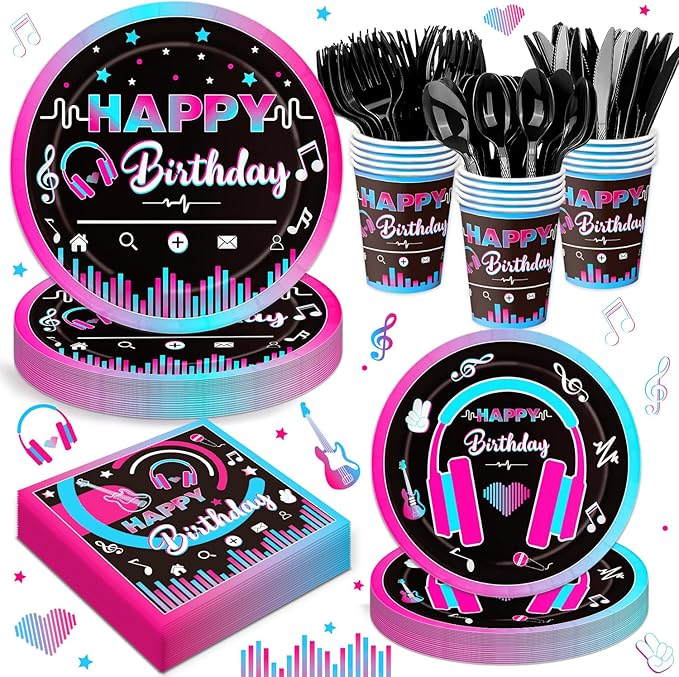 168Pcs Music Party Supplies Tableware Set Disposable Paper Plates Napkins Cups Cutlery for Music Party Theme Birthday Decorations, Serve 24 Guests
