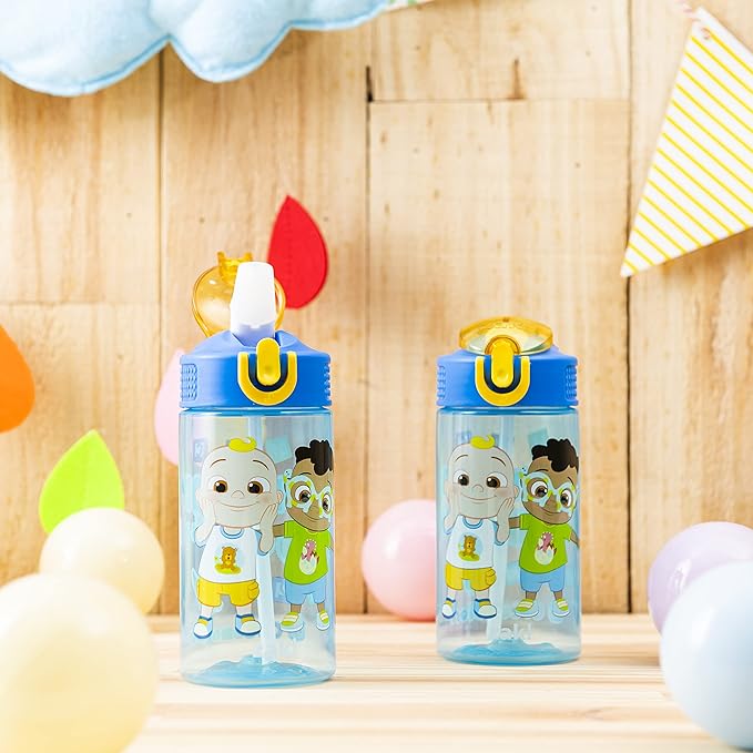 Zak Designs CoComelon Kids Water Bottle with Spout Cover and Built-In Carrying Loop, Durable Plastic, Leak-Proof Water Bottle Design for Travel (16 oz, 2-Pack, Non-BPA)